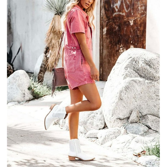 Pink Denim Zip Up Utility Shorts Jumpsuit - Picture 3 of 7